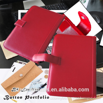 Durable & Wear-resistant Leather Clear PVC Inner Pockets Booklike Folder With Metal Button Closure
